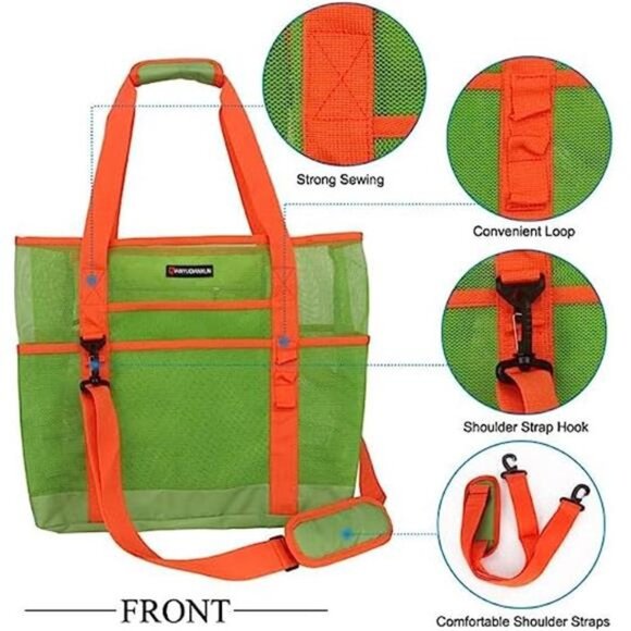 Mesh Beach Bag 40L Large with 9 Pockets Bag Green and Orange - Picture 2 of 6